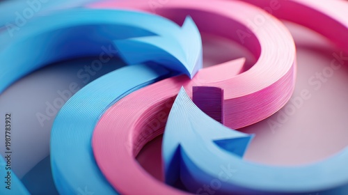 Colorful intertwined arrows in pink and blue representing change and transformation in a modern design