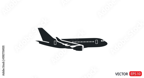 Silhouette of a modern passenger jet airplane in flight, isolated on white background