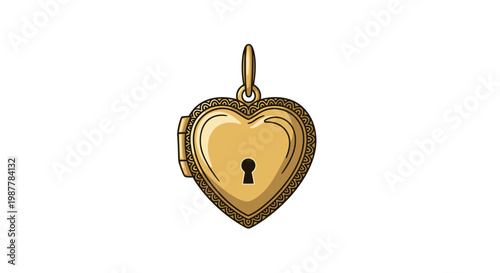 Golden Heart Locket Pendant with Keyhole, Isolated on White Background