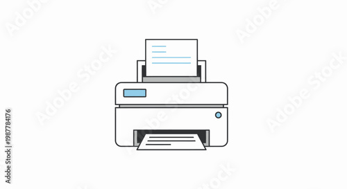 Modern Printer Printing Document on White Background, Office Equipment