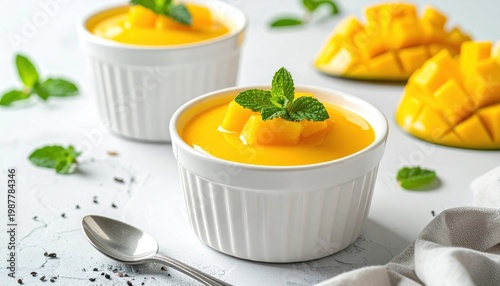 Mango pudding with mango and mint garnish