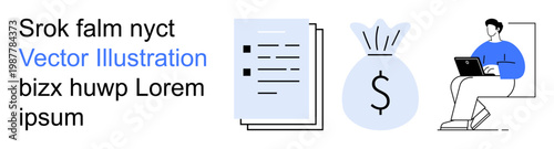 Financial planning, investments, remote work, digital economy, savings, budgeting. Money bag with dollar sign, documents person working on laptop. Financial planning and investments concept