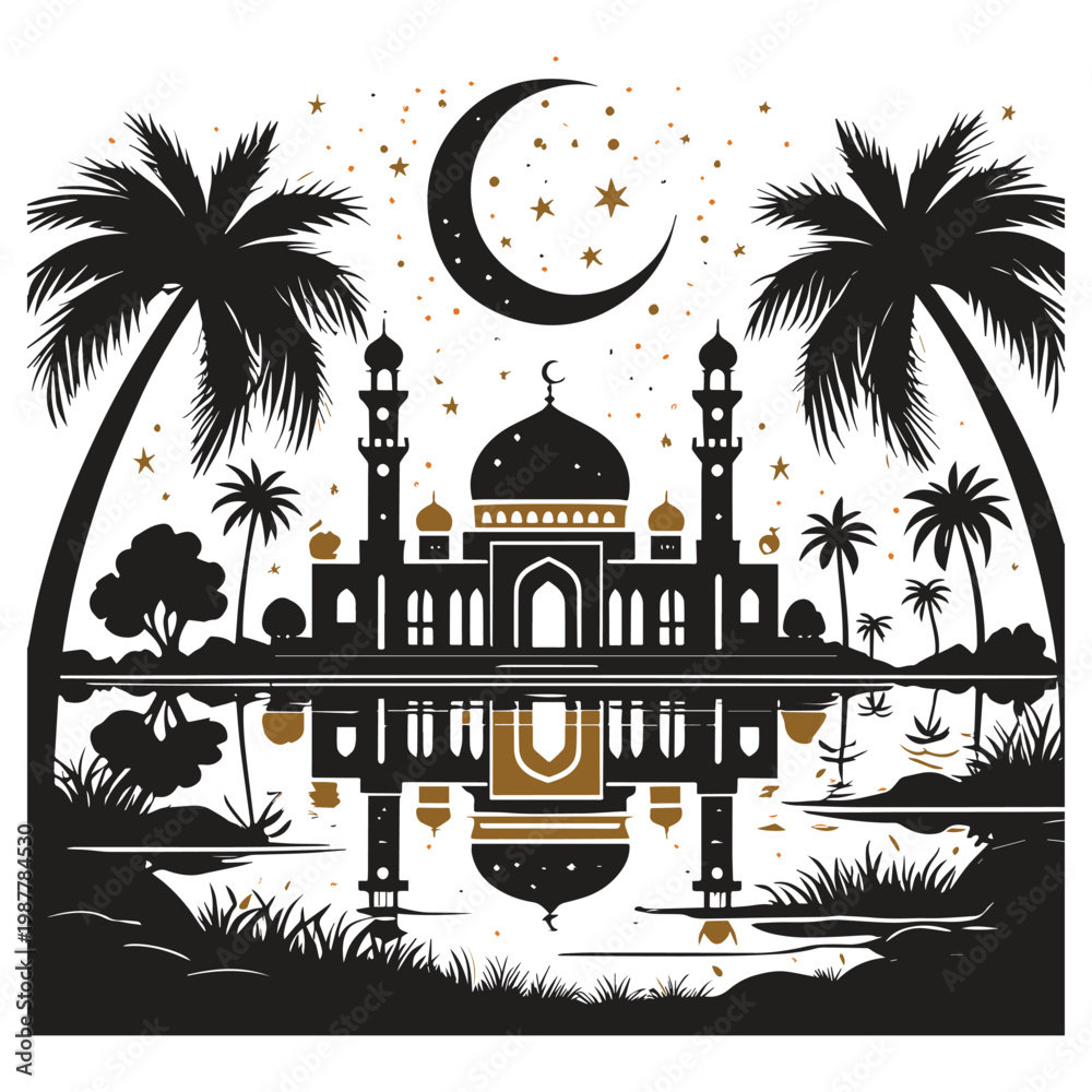 Obraz premium Detailed mosque with crescent moon water reflection palm trees. Islamic architecture Ramadan celebration religious symbol vector illustration.
