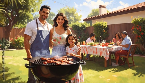 A family smiles in their backyard during a barbecue. Another group dines nearby. A grill emits smoke