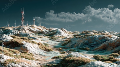 Expansive view of rugged terrain with communication towers under a dramatic cloudy sky