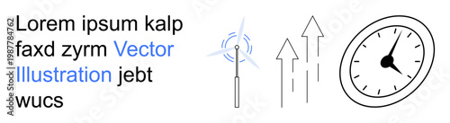 Sustainable energy, time management, growth, innovation, progress, efficiency. Sketch includes a wind turbine, arrows and a clock. Renewable energy and time management highlighted