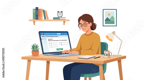 Woman Working on Computer at Desk in Home Office.