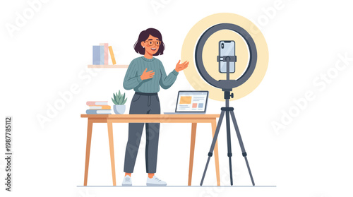 Woman Recording Video with Smartphone and Ring Light.