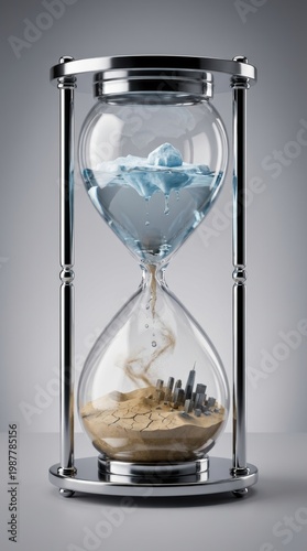 Surreal Concept of Climate Change with Melting Glacier and Desert inside Hourglass