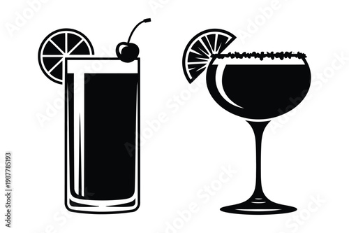 Cocktail drinks with citrus slice and cherry garnish vector silhouette set