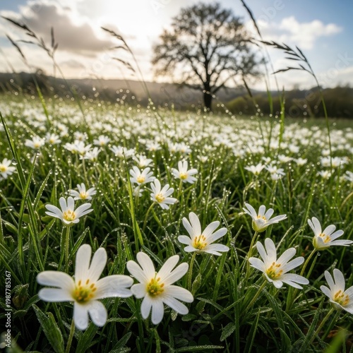 Beautiful Field of White Flowers with a Tree and Sunlight.