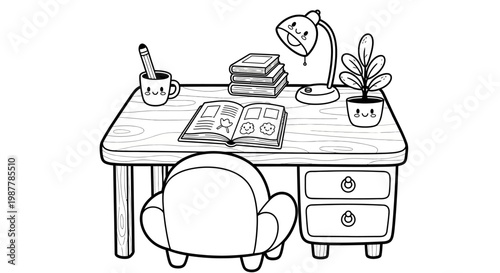 Cute Kawaii Study Desk Workspace Coloring Page