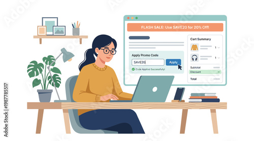 Woman Using Laptop at Desk with Digital Interface.