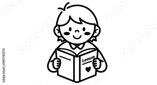 Cute Little Boy Reading a Book Line Art Illustration