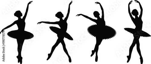 Four black ballet dancers in silhouette performing poses