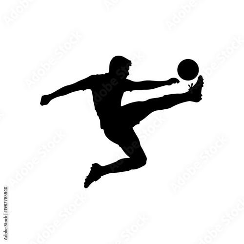 Solid black silhouette of a footballer executing a strong sideways kick motion in action Vector illustration