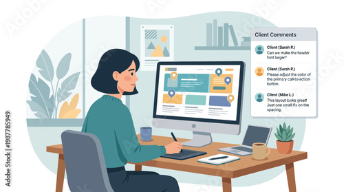 Woman Working on Computer at Desk in Office Environment.