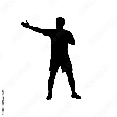 Solid black silhouette of a footballer gesturing to teammates showing teamwork communication Vector illustration