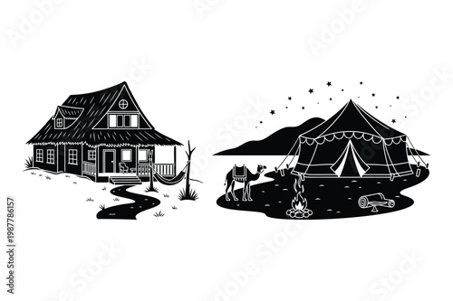 Rustic house and glamping tent black and white vector illustration with glamping