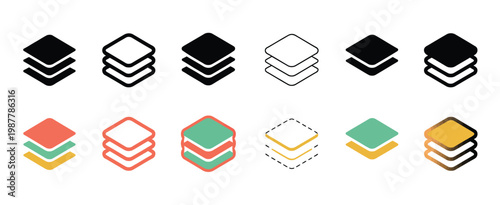 Layer vector icon set featuring black line icons representing level tier and floor structures for interface design architecture concepts and data hierarchy visuals
