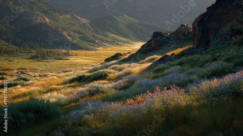 Serene valley filled with vibrant wildflowers under soft sunlight, surrounded by majestic mountains