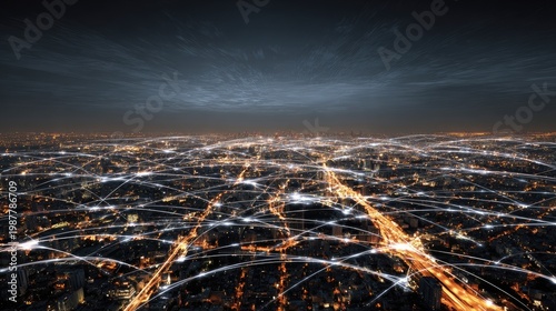 Aerial view of a city illuminated at night, showcasing a network of lights and connectivity