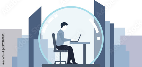 Man Working on Laptop in a Protective Bubble, Illustrating Remote Work Isolation and Social Distancing in an Urban Cityscape Environment