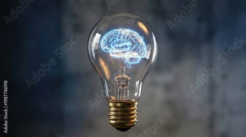 Conceptual Surrealism Human Brain Inside Glowing Light Bulb as Symbol of Idea and Creativity