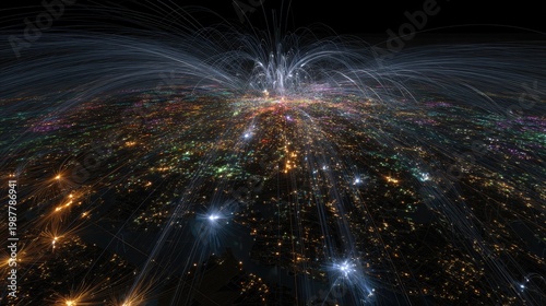 Aerial view of a vibrant city at night, showcasing illuminated streets and dynamic light trails