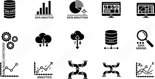 Big data analytics icon set featuring database charts mining cloud processing and visualization symbols in bold solid style