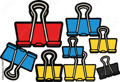 Binder Clip Assortment of Red Blue Yellow and Black Office Supplies Illustration