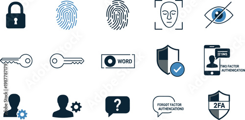 Biometric authentication and security icon set featuring fingerprint face recognition keys password protection and two factor verification symbols