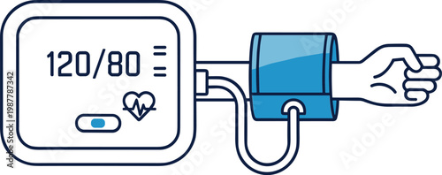 Blood pressure monitor illustration showing digital medical device measuring heart rate and hypertension levels for healthcare and wellness applications