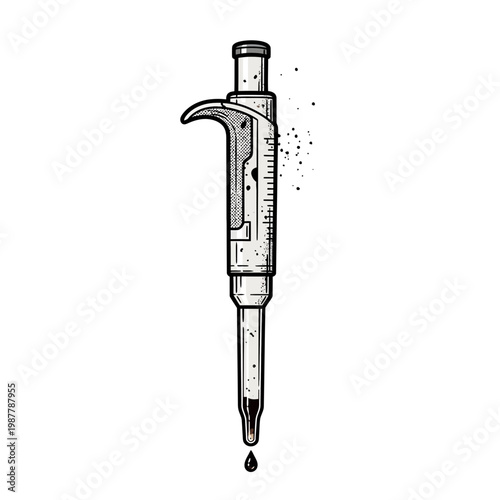 Laboratory pipetting tool with liquid drop, science illustration