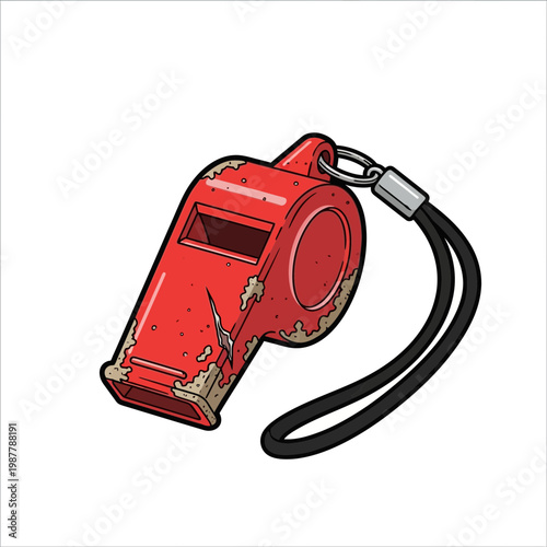 Red whistle with lanyard, worn and aged, isolated on white background