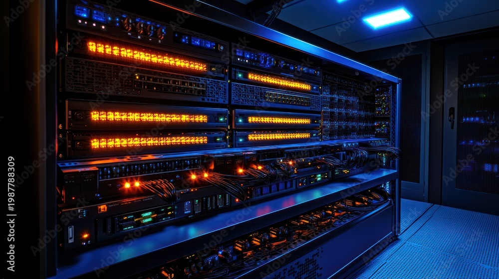 Naklejka premium Server rack in a dark server room