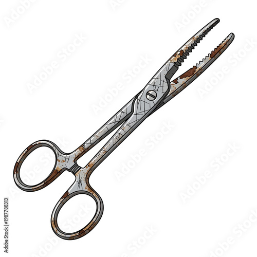 Rusty surgical forceps on a white background
