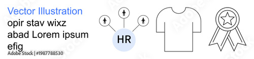 Recruitment strategies, performance evaluation, employee training, professional recognition, workflow optimization, career development. HR diagram, shirt and award ribbon. Recruitment