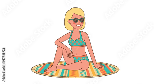 Cartoon woman in a bikini relaxing on a colorful beach mat