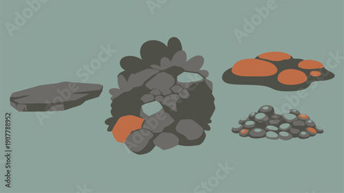Stylized gray rock formations with orange highlights on a green background