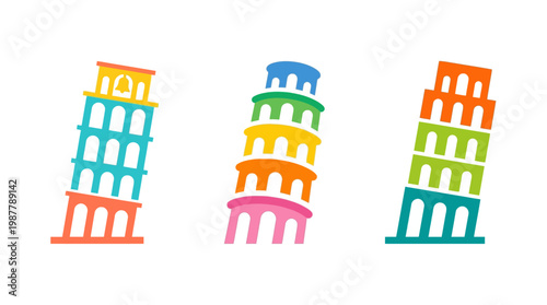 Colorful Cartoon Leaning Towers of Pisa on White