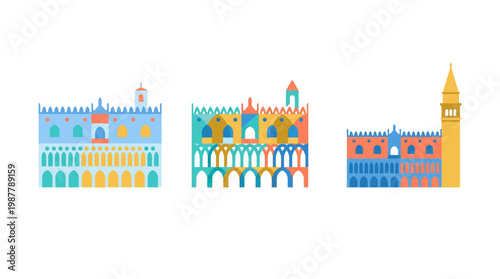 Colorful Flat Vector Buildings of Venice Italy