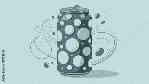 Stylized soda can with bubbly design and elegant swirling lines
