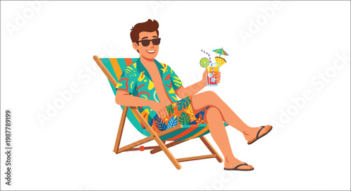 Relaxing man enjoys tropical cocktails on a summer beach day
