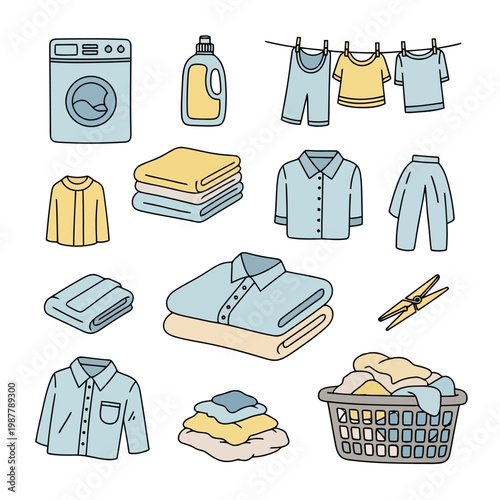 Laundry day essentials and process icons for washing clothes at home with a washing machine and drying rack.