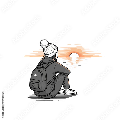 Young person wearing winter hat and backpack watching sunset over ocean, outdoor scene, contemplation and solitude concept.