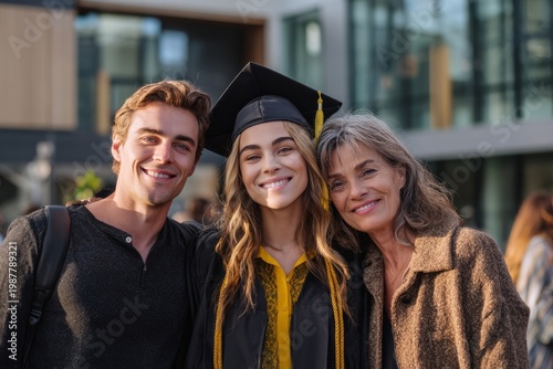 Family celebrating daughter's university graduation day achievement