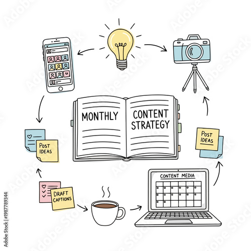 Monthly content strategy planner showing idea generation content creation scheduling and media management cycle.
