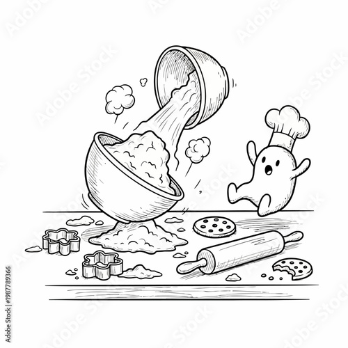 Cute ghost baker spills flour from bowl while making cookies with rolling pin and cookie cutters on table cartoon.