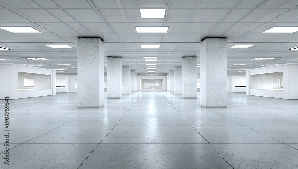 Fototapeta premium A spacious, empty interior with numerous support columns. Overhead lighting illuminates the reflective floor. Rectangular openings line the walls